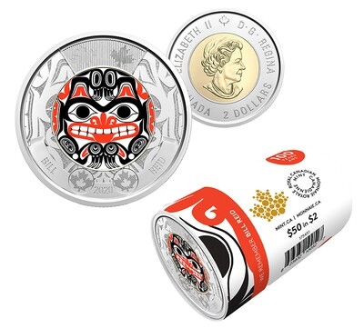 Canada. Elizabeth II. 2020. 2 Dollar - 1 roll of 25 coins. 1920-2020. 100 Years since the Birth of Artist Bill Reid. Ni, Cu, Al. 7.30 g. Colored/UNC. (SPECIAL PACKAGING). Canada. Elizabeth II. 2020. 2 Dollar - 1 roll of 25 coins. 1920-2020. 100 Years since the Birth of Artist Bill Reid. Ni, Cu, Al. 7.30 g. Colored/UNC. (SPECIAL PACKAGING).