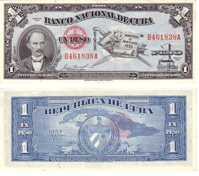 Cuba. Paper money. 1953. 1 peso. 100 years since Jose Marty was born. Type: Memorable. Series/No.:. Signature:. Catalog #. PRESS (UNC)