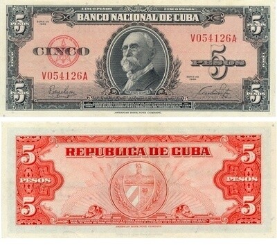 Cuba. Paper money. 1949. 5 pesos. Maximo Gomez. Type: 1949. Series/No.:. Signature:. Catalog #. PRESS (UNC)