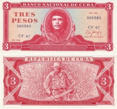Cuba. Paper money. 1986. 3 pesos. Ernesto Che Guevara. Type: 1961-1990. Series/No.:. Signature:. Catalog #. PRESS (UNC)