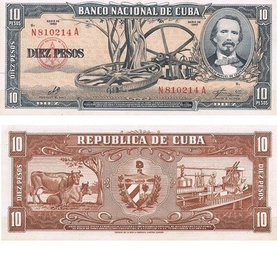 Cuba. Paper money. 1956. 10 pesos. Carlo Manuel de Céspedes. Type: 1956. Series/No.:. Signature:. Catalog #. PRESS (UNC)