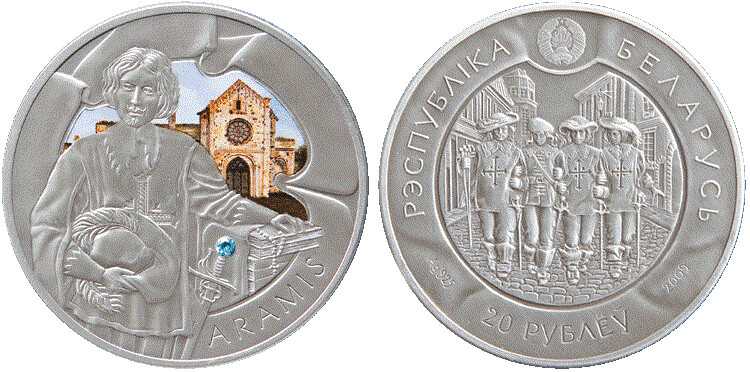 Belarus. 2009. 20 Rubles. Series: Three Musketeers. Aramis. 0.925 Silver. 0.8412 Oz., ASW. 28.28 g. UNC/Colored. Mintage: 10,000