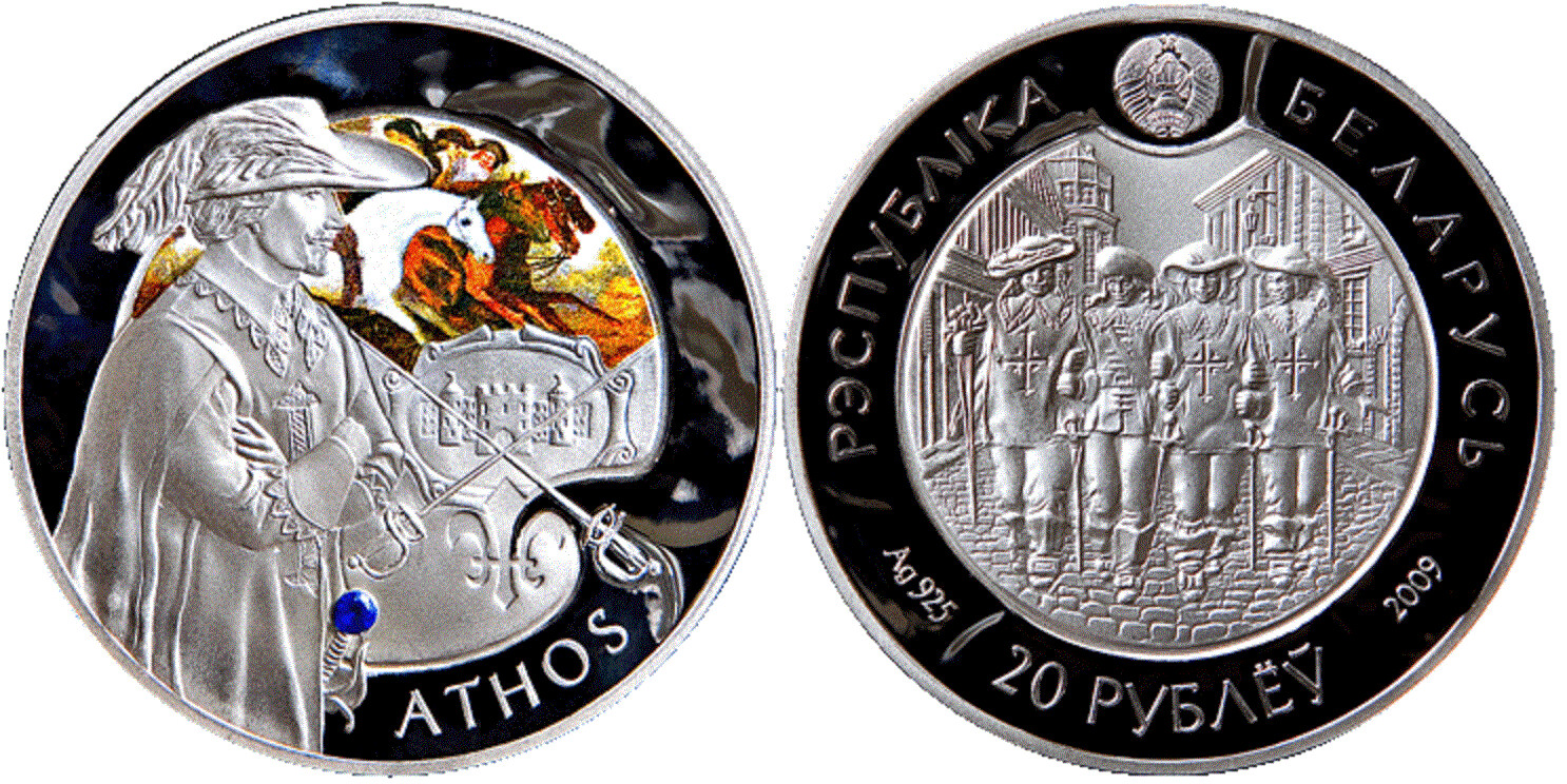Belarus. 2009. 20 Rubles. Series: Three Musketeers. Athos. 0.925 Silver. 0.8412 Oz., ASW. 28.28 g. PROOF/Colored. Mintage: 5,000