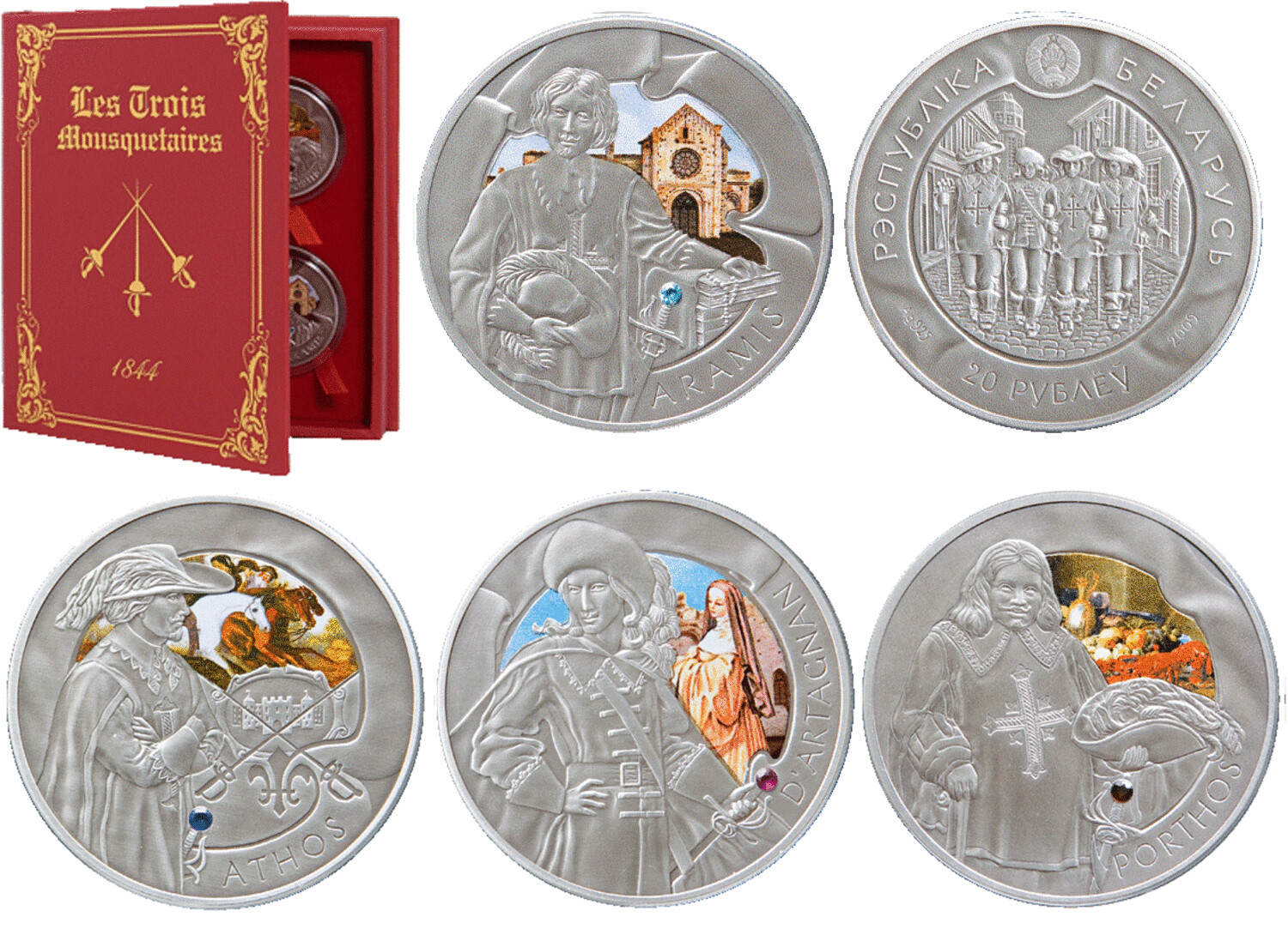 Belarus. 2009. A set of 4 coins of 20 Rubles. Three Musketeers. 0.925 Silver. 3.3645 Oz., ASW. 28.28 g × 4. BU / Colored. Mintage: 10,000