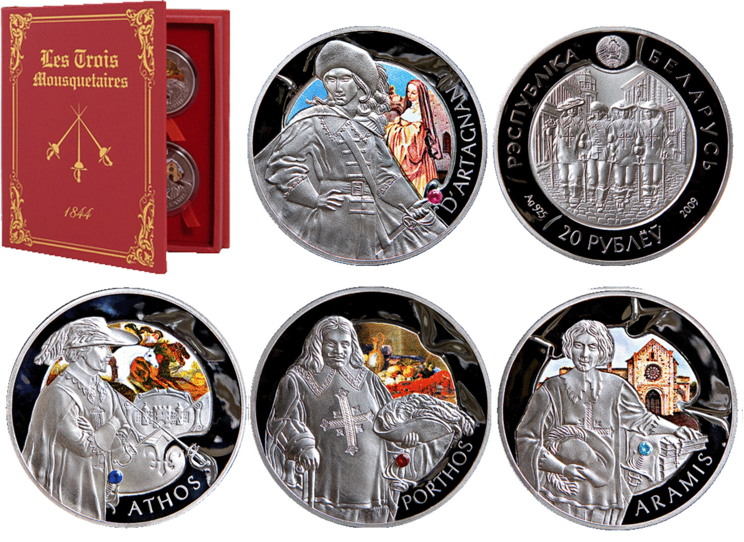 Belarus. 2009. A set of 4 coins of 20 Rubles. Three Musketeers. 0.925 Silver. 3.3645 Oz., ASW. 28.28 g × 4. PROOF / Colored. Mintage: 5,000