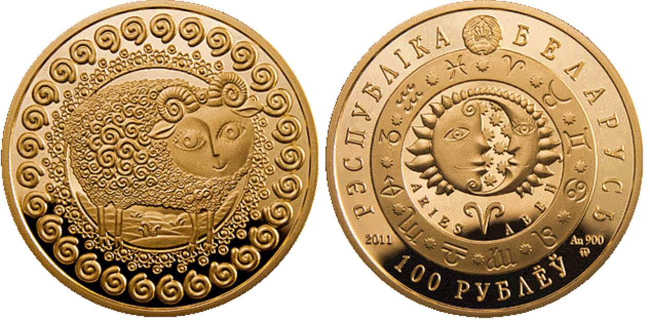Belarus. 2011. 100 Rubles. Series: Horoscope. Aries. 0.900 Gold. 0.4486 Oz., AGW 15.50 g., PROOF. Mintage: 2,000
