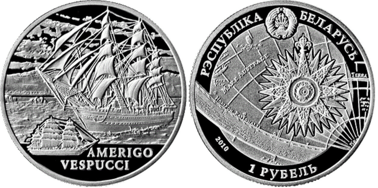 Belarus. 2010. 1 Ruble. Series: Sailing Ships. Sailboat Amerigo Vespucci. Cu-Ni. 13.16 g., BU. UNC. Mintage; 4,000​