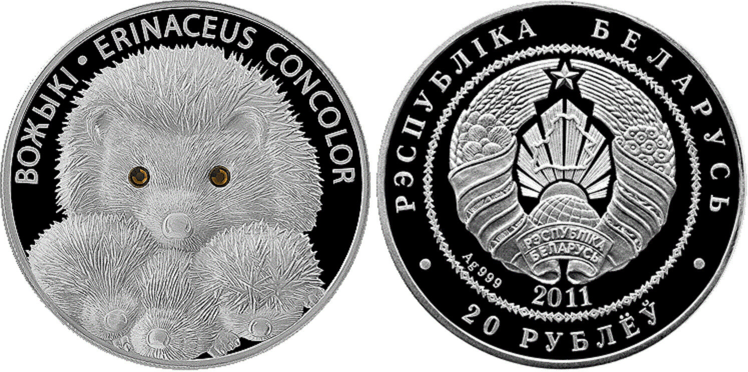Belarus. 2011. 20 Rubles. Series: Environmental Protection. Hedgehogs. 0.999 Silver. 1.0 Oz., ASW. 31.1 g. PROOF. Mintage: 4,000