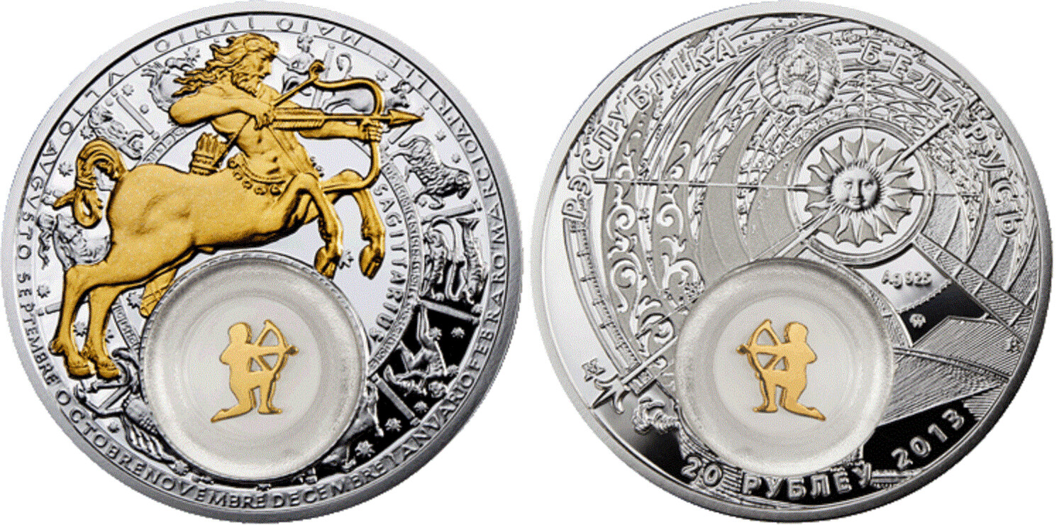 Belarus. 2013. 20 Rubles. Series: Zodiac Signs - 2013. Sagittarius. 0.925 Silver. 0.8411 Oz., ASW. 28.280g. PROOF. Mintage: 10,000