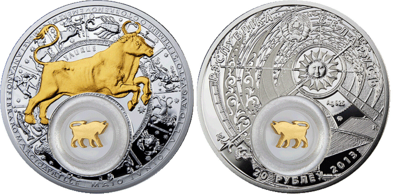 Belarus. 2013. 20 Rubles. Series: Zodiac Signs - 2013. Taurus. 0.925 Silver. 0.8411 Oz., ASW. 28.280g. PROOF. Mintage: 10,000