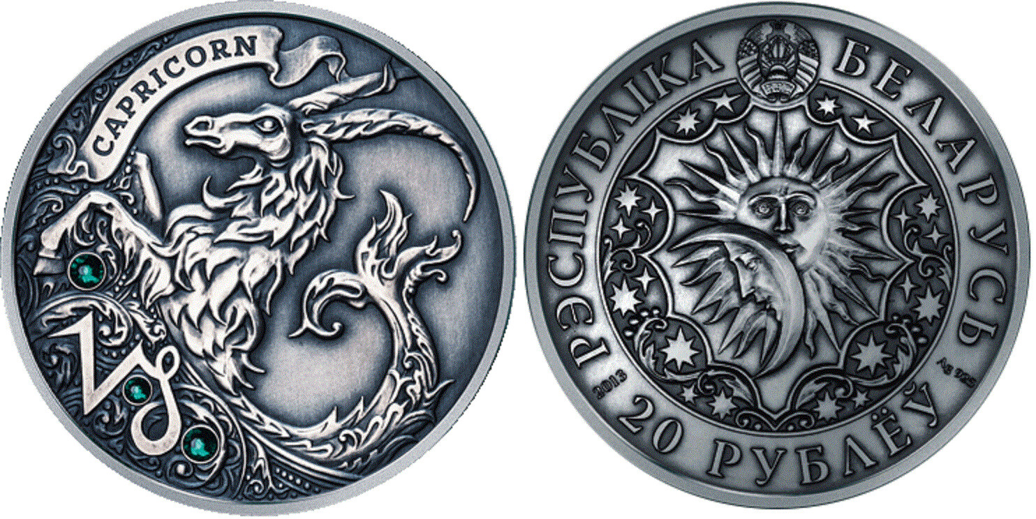 Belarus. 2013. 20 Rubles. Series: Zodiac Horoscope. Capricorn. 0.925 Silver. 0.8411 Oz., ASW. 28.280g. UNC. Mintage: 7,7777