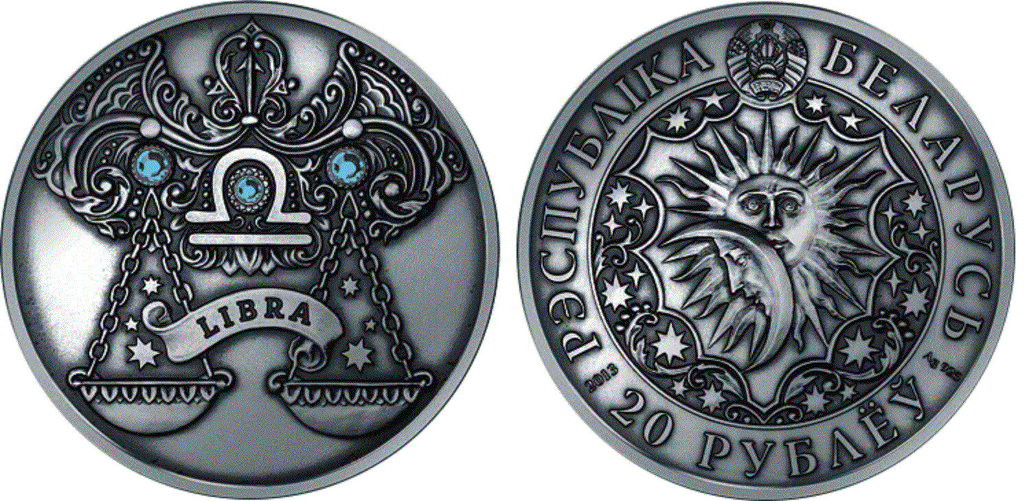Belarus. 2013. 20 Rubles. Series: Zodiac Horoscope. Libra. 0.925 Silver. 0.8411 Oz., ASW. 28.280g. UNC. Mintage: 7,7777