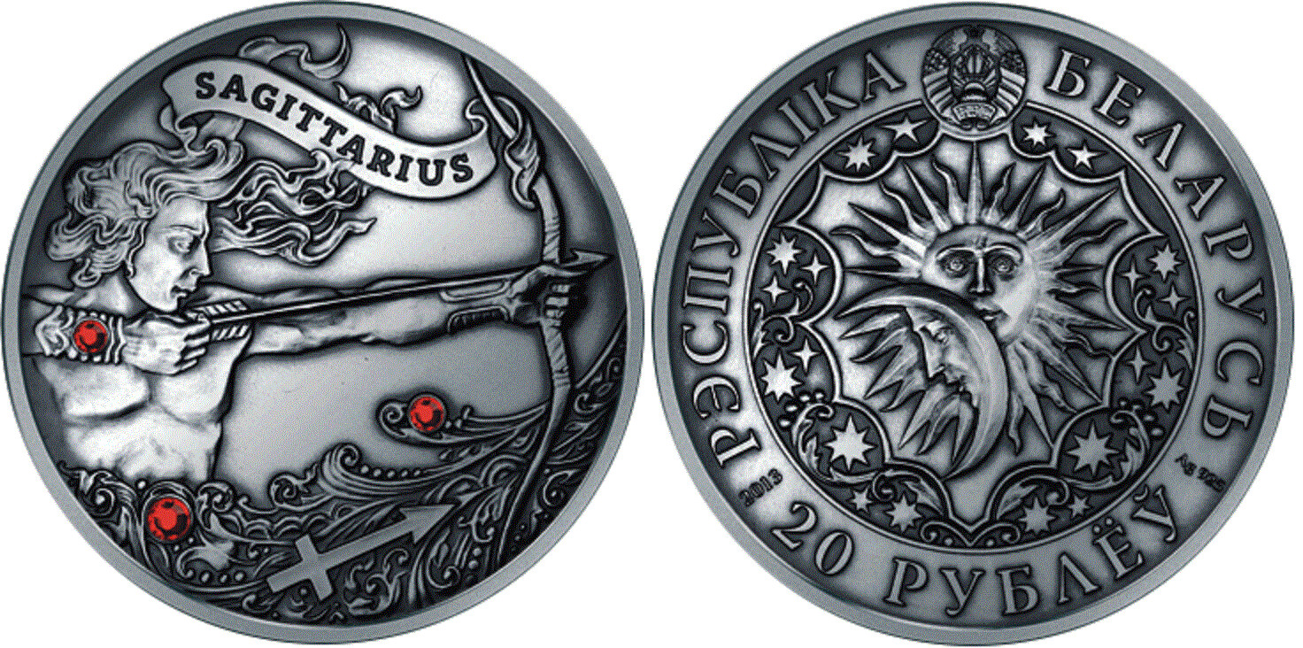Belarus. 2013. 20 Rubles. Series: Zodiac Horoscope. Sagittarius. 0.925 Silver. 0.8411 Oz., ASW. 28.280g. UNC. Mintage: 7,7777