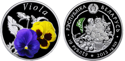 Belarus. 2013. 10 Rubles. Series: Flowers. Anyutins eyes (Viola). 0.925 Silver. 0.4206 Oz., ASW. 14.140 g., PROOF - Colored. Mintage: 8,000
