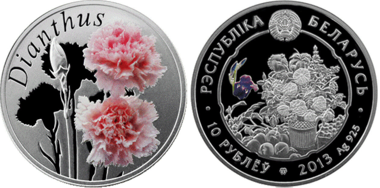 Belarus. 2013. 10 Rubles. Series: Flowers. Dianthus. 0.925 Silver. 0.4206 Oz., ASW. 14.140 g., PROOF - Colored. Mintage: 8,000