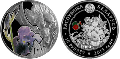 Belarus. 2013. 10 Rubles. Series: Flowers. Iris. 0.925 Silver. 0.4206 Oz., ASW. 14.140 g., PROOF - Colored. Mintage: 8,000. Mintage: 8,000