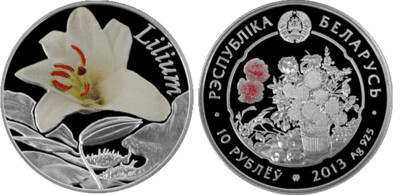 Belarus. 2013. 10 Rubles. Series: Flowers. Lilia (Lilium). 0.925 Silver. 0.4206 Oz., ASW. 14.140 g., PROOF - Colored. Mintage: 8,000