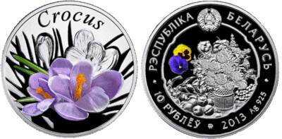 Belarus. 2013. 10 Rubles. Series: Flowers. Crocus. 0.925 Silver. 0.4206 Oz., ASW. 14.140 g., PROOF - Colored. Mintage: 8,000