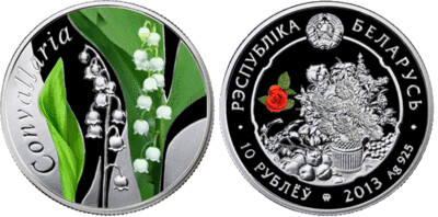 Belarus. 2013. 10 Rubles. Series: Flowers. Landysh (Convallaria). 0.925 Silver. 0.4206 Oz., ASW. 14.140 g., PROOF - Colored. Mintage: 8,000