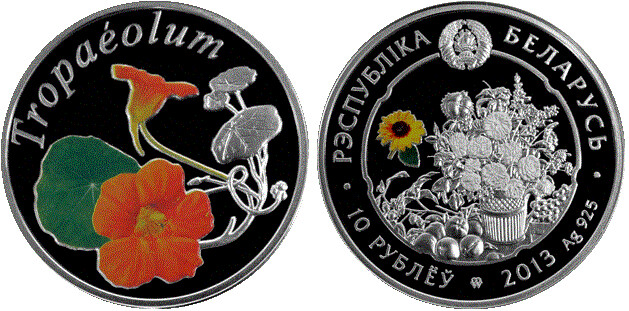 Belarus. 2013. 10 Rubles. Series: Flowers. Nasturtia (Tropaeolum). 0.925 Silver. 0.4206 Oz., ASW. 14.140 g., PROOF - Colored. Mintage: 8,000