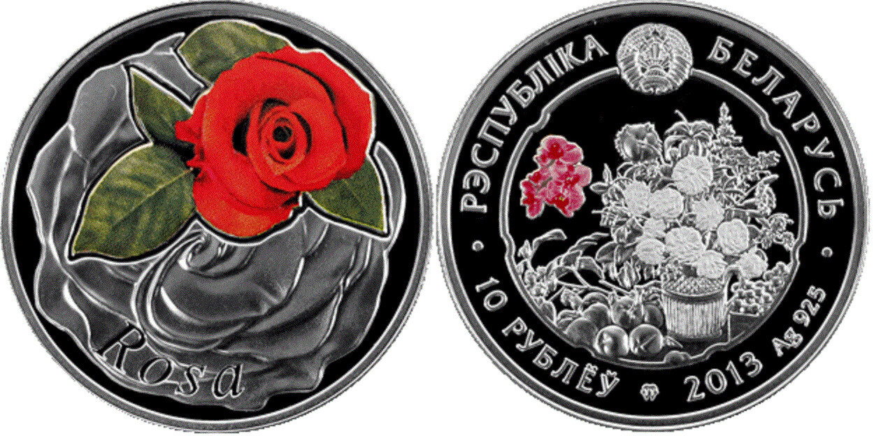 Belarus. 2013. 10 Rubles. Series: Flowers. Rose. 0.925 Silver. 0.4206 Oz., ASW. 14.140 g., PROOF - Colored. Mintage: 8,000