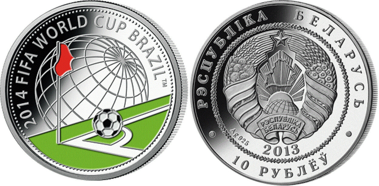 Belarus. 2013. 10 Rubles. 2014 FIFA World Cup. Brazil. 0.925 Silver. 0.5949 Oz., ASW. 20.0 g., PROOF - Colored. Mintage: 10,000