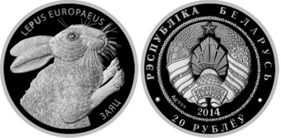 Belarus. 2014. 20 Rubles. Series: Environmental Protection. Hare. 0.999 Silver. 1.0 Oz., ASW. 31.1 g. PROOF. Mintage: 4,000