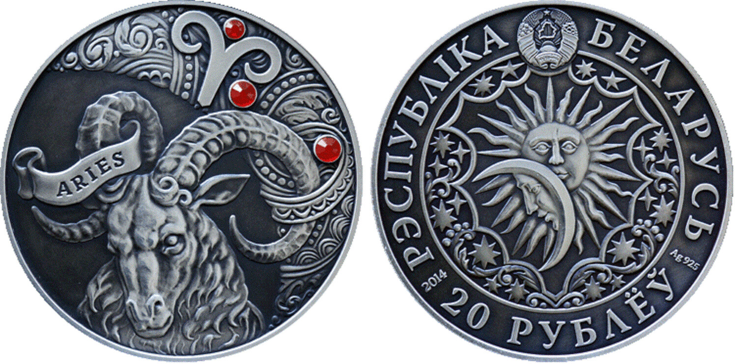 Belarus. 2014. 20 Rubles. Series: Zodiac Horoscope. Aries. 0.925 Silver. 0.8411 Oz., ASW. 28.280g. . Mintage: 7,7777