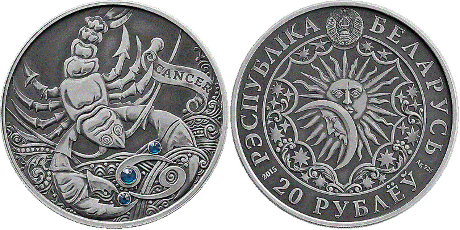 Belarus. 2015. 20 Rubles. Series: Zodiac Horoscope. Cancer. 0.925 Silver. 0.8411 Oz., ASW. 28.280g. UNC. Mintage: 7,7777