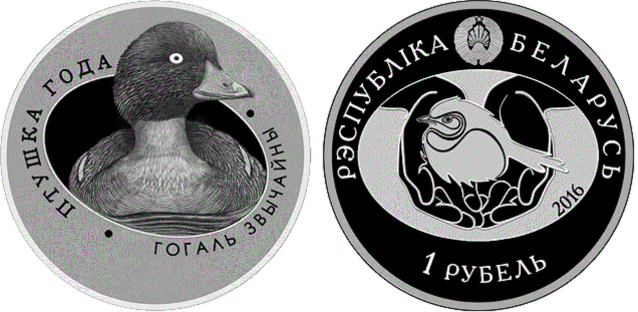 Belarus. 2016. 1 Ruble. Series: Bird of the Year. Gogol is ordinary. Cu-Ni. 13.16g., Proof-like. Mintage: 1,000