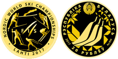 Belarus. 2017. 20 Rubles. 2017 World Ski Championships. Lahti. 0.999 Gold. 0.10 Oz., AGW 3.1 g., PROOF. Mintage: 550