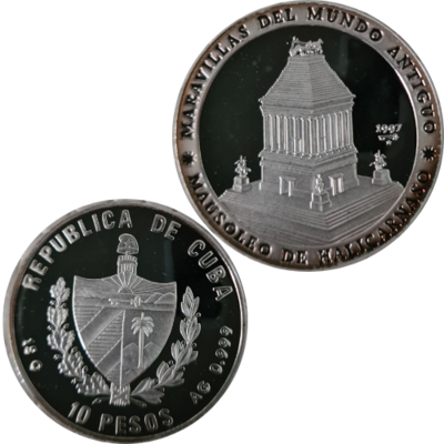 Cuba. 1997. 10 Pesos. Series: The Seven Wonders of the Ancient World. #05. Mausoleum of Helicranas. 0.999 Silver. 0.4818 Oz ASW. 15.00 g. KM#599. PROOF. Mintage: 10,000