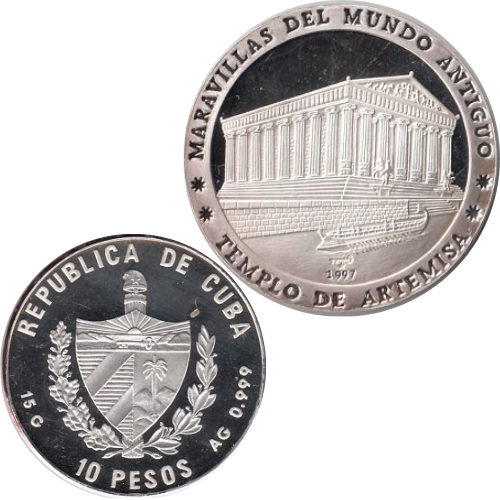 Cuba. 1997. 10 pesos. Series: The Seven Wonders of the Ancient World. #07. Temple of Artemis. 0.999 Silver. 0.4818 Oz ASW. 15.00 g. KM#594. PROOF. Mintage: 10,000