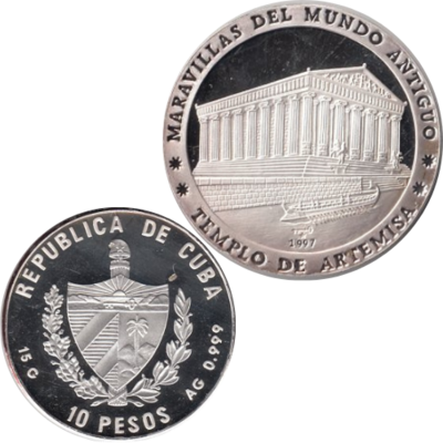 Cuba. 1997. 10 pesos. Series: The Seven Wonders of the Ancient World. #07. Temple of Artemis. 0.999 Silver. 0.4818 Oz ASW. 15.00 g. KM#594. PROOF. Mintage: 10,000
