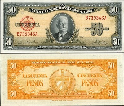 Cuba. Paper money. 1956-1960. 50 pesos * 100 pieces. Calixto Garcia Iniguez. Type: 1956-1960. Series/No.:. Signature:. Catalog #. PRESS (UNC)