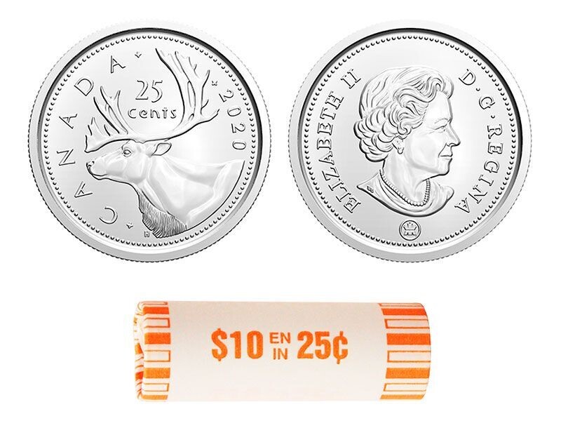 Canada. Elizabeth II. 2020. 25 Cents - a roll of 40 coins. Caribou. RCM logo. Fe-Ni 4.430 g. UNC
