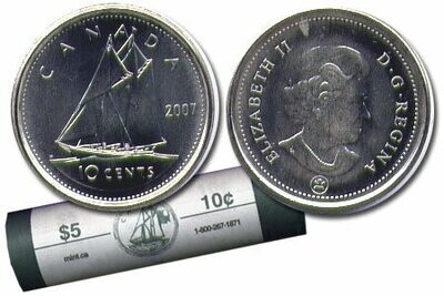 Canada. Elizabeth II. 2007. 10 cents - a roll of 50 coins. Bluenose. Type: 1979. Nickel 2.07 g. UNC