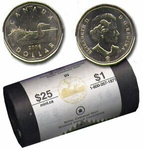 Canada. Elizabeth II. 2007. 1 dollar - a roll of 25 coins. Lucky Loonie. RCM logo. Ni-Cu. KM#. UNC
