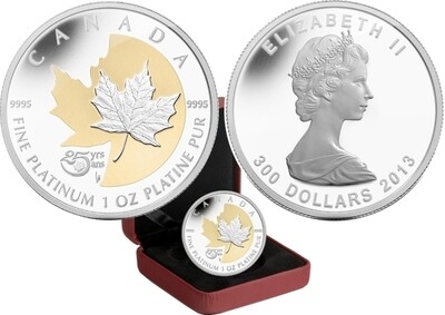 Canada. Elizabeth II. 2013. 300 Dollars. Maple Leaf is the 25th Anniversary. 0.9995 Platinum 0.999 Oz., APW 31.11 g., KM#1386. PROOF. Mintage: 250