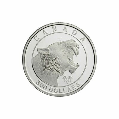 Canada. Elizabeth II. 2008. 300 Dollars. Series: Prehistoric Animals. #02. Sabretooth Tiger. 0.9995 Platinum 0.999 Oz., APW 31.11 g., KM#831. PROOF. Mintage: 200 Canada. Elizabeth II. 2008. 300 Dollars. Series: Prehistoric Animals. #02. Sabretooth Tiger. 0.9995 Platinum 0.999 Oz., APW 31.11 g., KM#831. PROOF. Mintage: 200