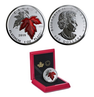 Canada. Elizabeth II. 2019. 300 Dollars. Series: Coat of Arms of Canada. #07. Maple Leaf Forever. 0.9995 Platinum 0.999 Oz., APW 31.11 g., KM#. PROOF/Colored. Mintage: 250