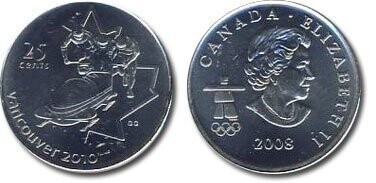 Canada. Elizabeth II. 2008. 25 cents. 2010 Vancouver Winter Olympics # 09. Fe-Ni 4.430 g., KM#841. UNC.