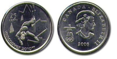 Canada. Elizabeth II. 2008. 25 cents. 2010 Vancouver Winter Olympics. #07. Freestyle - Skiing. Fe-Ni 4.430 g., KM#765. UNC.