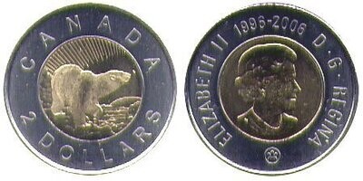 Canada. Elizabeth II. 2006. 2 Dollars. 1996-2006. 10 years of coinage $2. Polar Bear. RCM logo. Ni, Cu, Al. 7.30 g., Proof-Like.