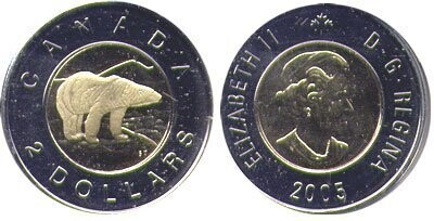 Canada. Elizabeth II. 2005. 2 dollars. Polar Bear. No RCM logo. Ni-Cu, Al. 7.30 g., Proof-Like.