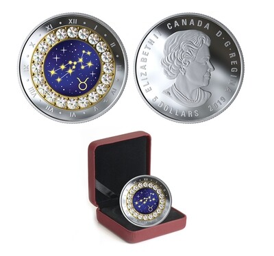 Canada. Elizabeth II. 2019. 5 Dollars. Series: Zodiac 2019. # 06 - Taurus. 0.9999 Silver 0.25 Oz., ASW., 7.96 g., PROOF/Crystal. Mintage: 4,000 Canada. Elizabeth II. 2019. 5 Dollars. Series: Zodiac 2019. # 06 - Taurus. 0.9999 Silver 0.25 Oz., ASW., 7.96 g., PROOF/Crystal. Mintage: 4,000