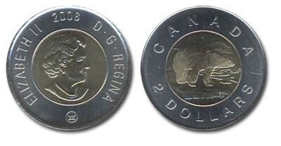Canada. Elizabeth II. 2008. 2 dollars. Polar Bear. RCM logo. Ni, Cu, Al. 7.30 g. UNC