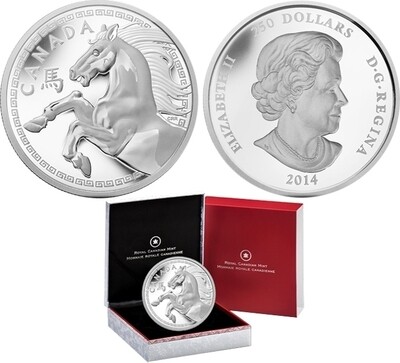 Canada. Elizabeth II. 2014. 250 Dollars. Series: Chinese Lunar Calendar. #03 - Year of the Horse. 0.9999 Silver 35.270 Oz., ASW., 1001.50 g., PROOF. Mintage: 388 Canada. Elizabeth II. 2014. 250 Dollars. Series: Chinese Lunar Calendar. #03 - Year of the Horse. 0.9999 Silver 35.270 Oz., ASW., 1001.50 g., PROOF. Mintage: 388