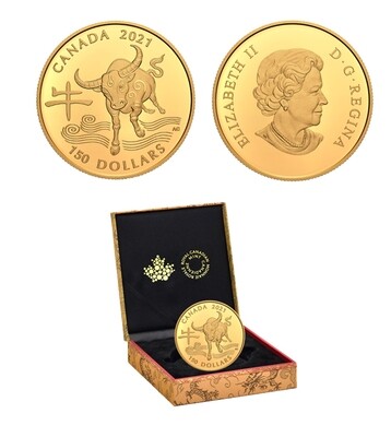 Canada. Elizabeth II. 2021. 150 Dollars. Series: Chinese zodiac signs. #12 - Year of the Bull. 0.750 Gold 0.2857 Oz. AGW. 11.845 g. PROOF Mintage: 1,500