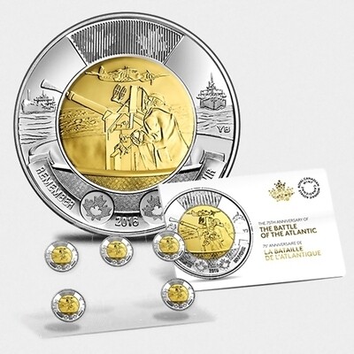 Canada. Elizabeth II. 2016. 2 Dollars. RCM set of 5 coins. Series: World War II. #01. Battle of the Atlantic. Ni, Cu, Al. 7.30 g., Proof-Like Canada. Elizabeth II. 2016. 2 Dollars. RCM set of 5 coins. Series: World War II. #01. Battle of the Atlantic. Ni, Cu, Al. 7.30 g., Proof-Like